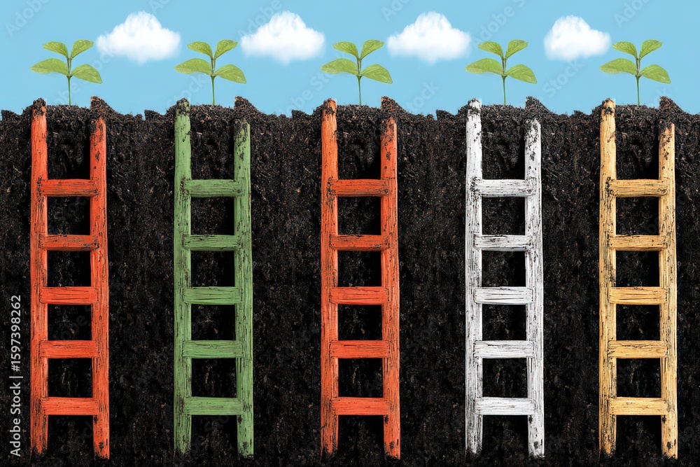 Poster creative escalating ladders emerging from rich soil with vibrant green seedlings symbolizing growth 