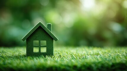Green house model sits on bright green grass, sunlit bokeh background. Great for eco-friendly homes, sustainable living, or real estate concepts.