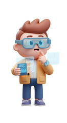 Fototapeta premium Young boy in casual wear analyzing data on a futuristic device in a digital environment. Thoughtful pose with projected holographic data displayed around him.