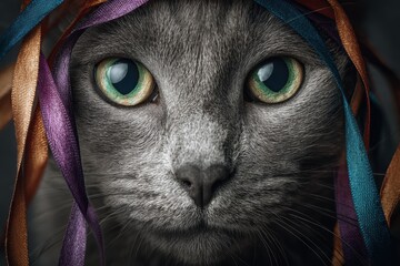 Pets enjoying festival fun, expressive cat portrait with colorful ribbons and vivid green eyes, highlighting regal feline beauty and emotional calm in vibrant celebration setting
