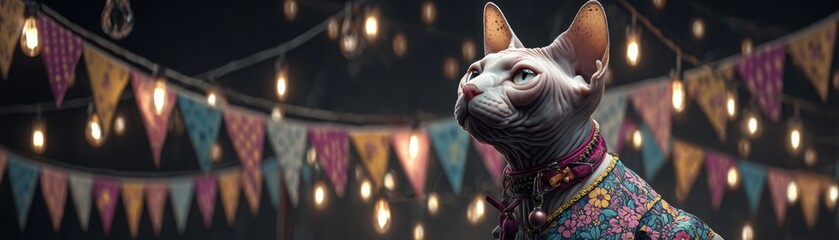 Carnival pet scene, regal Sphynx cat in ornate costume set against festive background with twinkling lights and colorful pennant flags, whimsical portrait celebrating eccentric pet fashion
