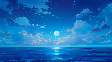 夜空に浮かぶ夏の星座と自然が織りなす幻想的な風景を描いた癒しのイラスト｜星空、夜、夏、星座、自然、森、風景、幻想、アニメ調、静けさ、天体、透明感、宇宙、時間、輝き、癒しの夜