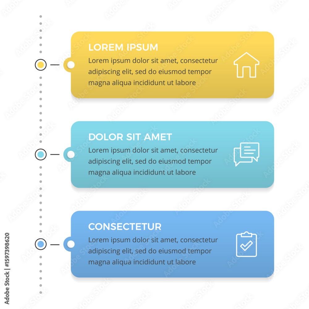 Poster timeline or process infographic template with three colorful horizontal steps connected by dotted li