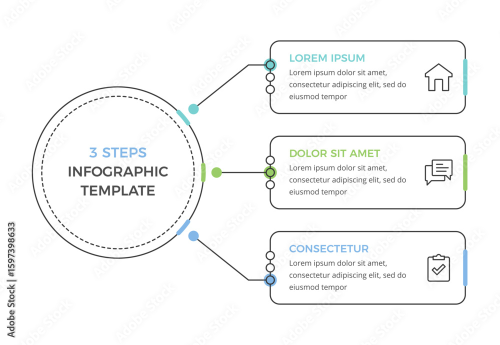 Poster infographic template with central circle and three connected text boxes, business diagram with icons