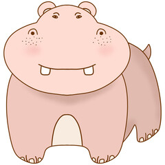 A cute cartoon illustration of a smiling pink hippopotamus with blushing cheeks, freckles, and a friendly expression. This adorable character is perfect for nursery decor, children's books, stickers.