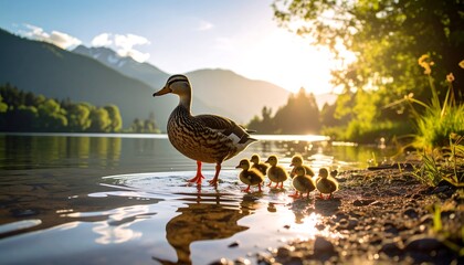 Ducks by the lake at sunrise