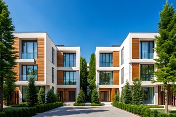 Fototapeta premium Modern townhouses with contemporary architecture and green landscaping
