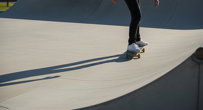 Skateboarder in black pants and white shoes rides board at skate park on sunny day - Powered by Adobe