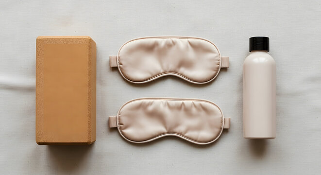 Wellness items laid out featuring a yoga block, eye masks and a water bottle