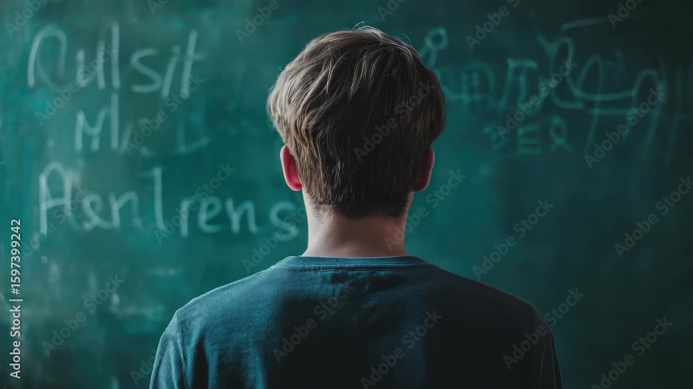 Poster student contemplating ideas in a classroom while looking at a chalkboard filled with equations and n