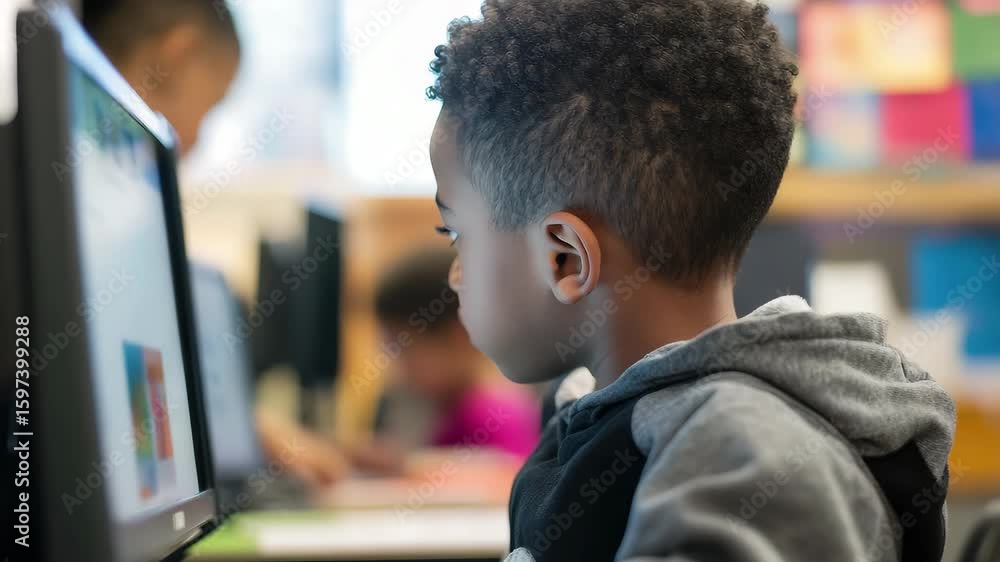 Poster young child focused on computer activity in a classroom setting during school hours