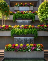 Multi tiered indoor waterfall with vibrant floral arrangements cascading down