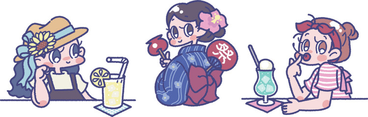 夏っぽい3人の女の子のイラスト