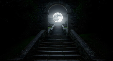 Mysterious dark staircase leading to a bright glowing full moon at the top