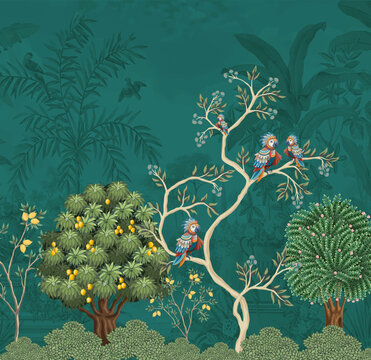 Indian miniature painting with tropical trees pattern and birds, interior decoration wallpaper.