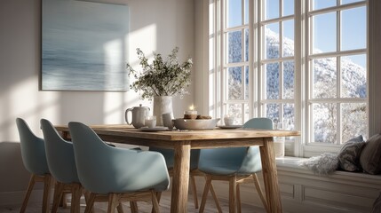 Fototapeta premium Bright dining room with wooden table, blue chairs, and winter mountain view. Great for home decor, cozy lifestyle, and winter holiday concepts.