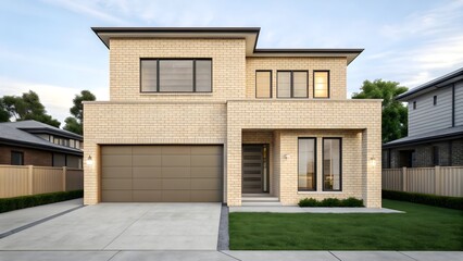 Modern two story beige stone house with garage and manicured lawn
