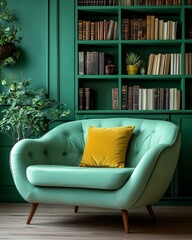 Cute mint loveseat sofa with a yellow pillow, placed against a green wall with a bookcase. Scandinavian, mid-century home interior design for a modern living room, Generative AI