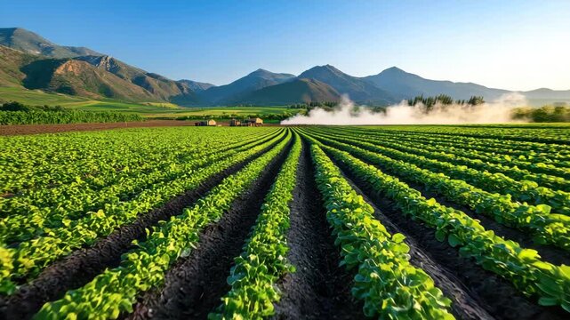 Green vegetable crop field with rows of plants clear blue sky and mountain background showcasing peaceful rural farm landscape with fresh growth and sunlight illuminating fertile agriculture area