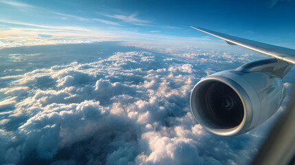 Commercial Jet Wing and Engine Against Blue Sky from Window Seat