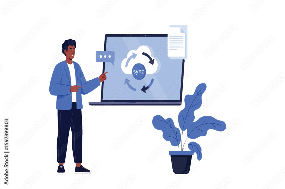 Poster man pointing to a laptop screen with cloud data sharing and a plant on white background