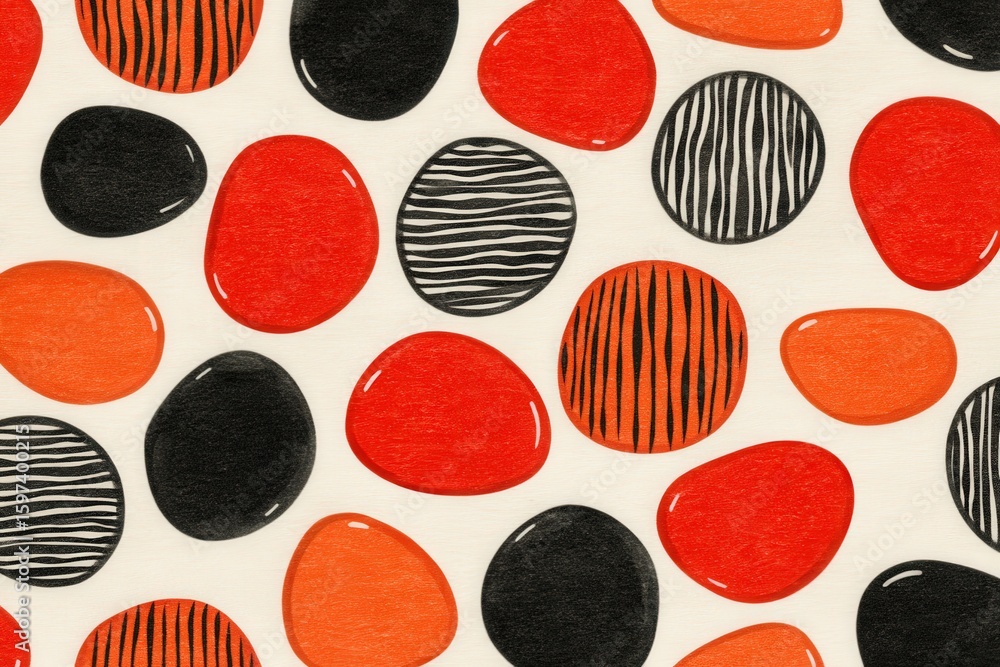 Poster vibrant and abstract pattern of colorful handmade pebbles with vivid red and black details capturing