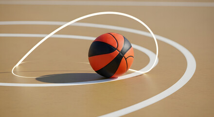 Basketball sits on court with glowing line, symbolizing sports, competition, and skill development
