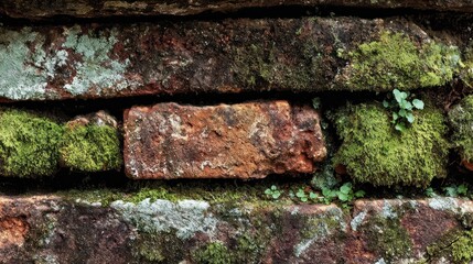 Moss-covered ancient brick wall