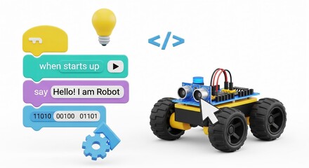 Block coding for kids teaching learning creative basics beginners remotely controlled automation robotic car vehicle programming education skill Technology STEM. 3d rendering.
