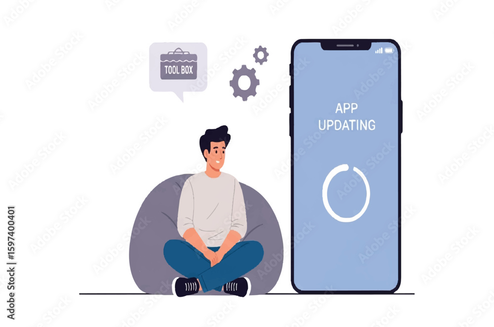 Poster man sitting next to phone with app updating message on white background