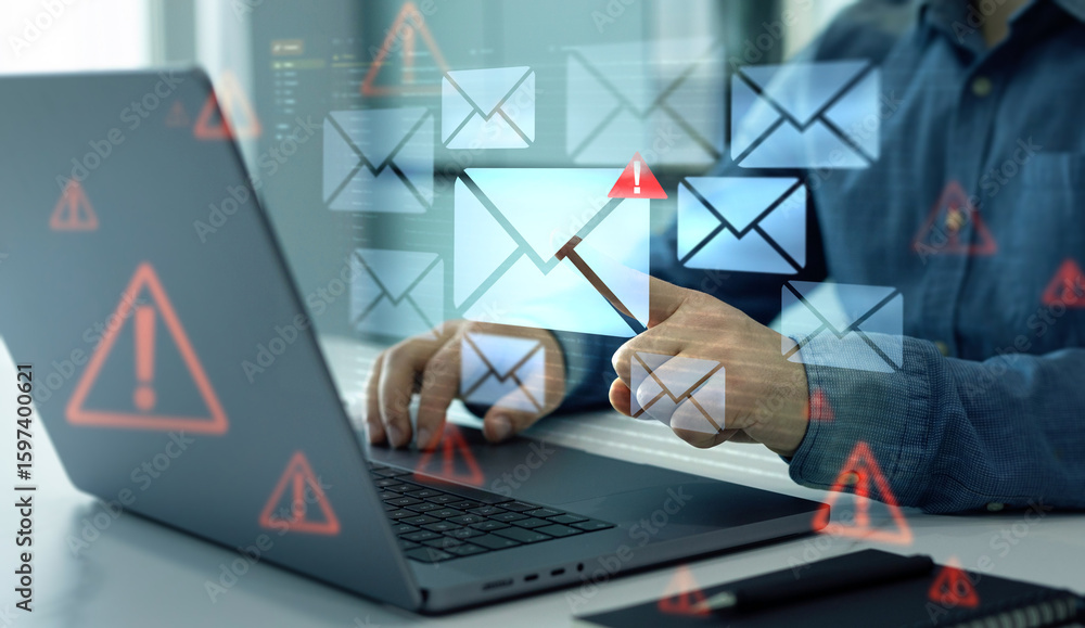 Poster mail security and virus spam alert in email. fake text email scam.scammers online.cyber scam. spam e