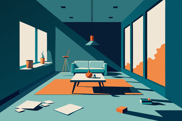 artistic loft living room with scattered canvases