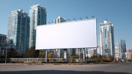 Obraz premium Blank billboard in urban scene with modern buildings and blue sky. Perfect for showcasing your ad campaign or outdoor advertising design.