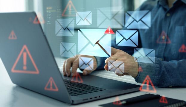 Mail security and virus spam alert in email. Fake text email scam.Scammers online.Cyber scam. Spam email message on digital screen.	
