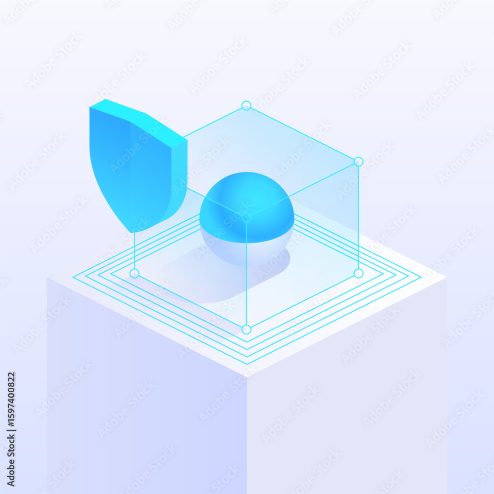Poster shield and a sphere within a wireframe cube, positioned on a platform with concentric square pattern