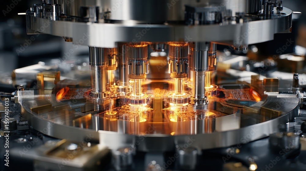 Poster complex machinery precisely assembling computer microchips with bright, warm lighting. ideal for dem