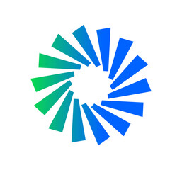 Circular blue to green gradient spiral burst symbol with rotating rays