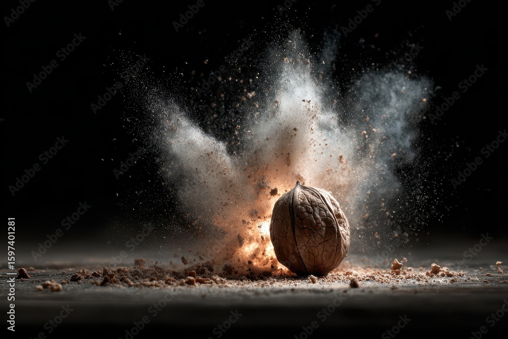 Poster exploding walnut isolated on black, showing brown dust and powder. perfect for concepts of fragility