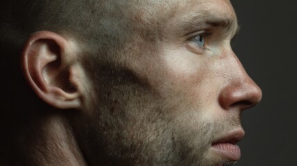 Fototapeta premium Close-up portrait showcasing the detail of a man's face in profile, emphasizing the skin texture