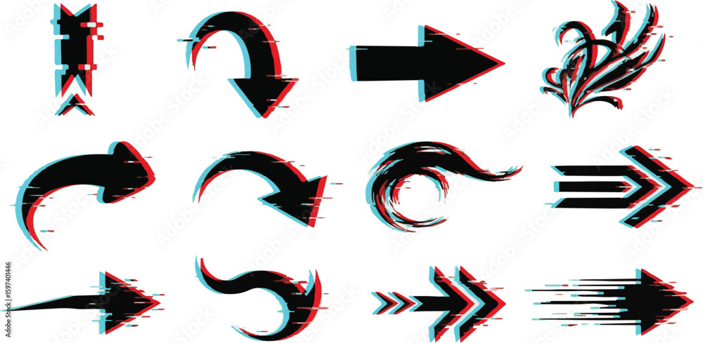 Poster set of black glitch distorted arrow vector shapes on white background