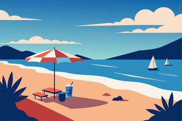 cartoon style beach picnic with umbrellas 