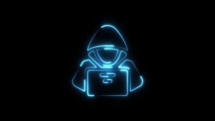 Neon hacker icon glowing blue on black background representing cybercrime technology and digital security concepts