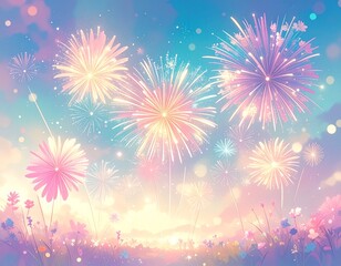 Generated image 花火 コスモス 夏 夕暮れ 空 夕日 黄昏時 光 ボケ フェスティバル イベント ロマンチック 美しい 夢幻的 ライトトレイル 色とりどり 夏祭り 季節 日本 観賞 花畑 パステルカラー 風景 空と花 自然 癒し ノスタルジー ゴールデンアワー ドリーミー ファンタジー ぼかし おしゃれ アート 感性 キラキラ ハッピー 夕焼け空 夏の風物詩 感動 祝祭 穏やか