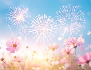 Generated image 花火 コスモス ピンクの花 空 青空 夢 幻想的 美しい ロマンチック 夏 秋 光 ボケ 祝祭 キラキラ 色とりどり フェスティバル イベント 自然 花畑 パステルカラー 屋外 穏やか 希望 感動 癒し 夕暮れ 朝日 フラワーアート ノスタルジック ポエティック ドリーミー グラデーション レンズフレア 明るい 積雲 清々しい 美景 シーズン 日本 サマーイベント 