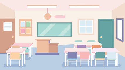 Empty classroom interior with desks, chairs, chalkboard and teacher’s podium in pastel colors