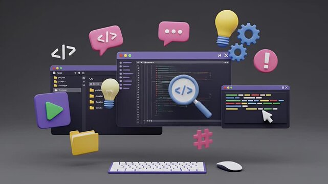 Programmer developer typing script source languages coding symbols icon development project data programming software engineering IT technologies computer. 3d rendering.
