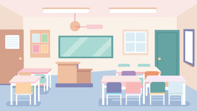 Empty classroom interior with desks, chairs, chalkboard and teacher’s podium in pastel colors