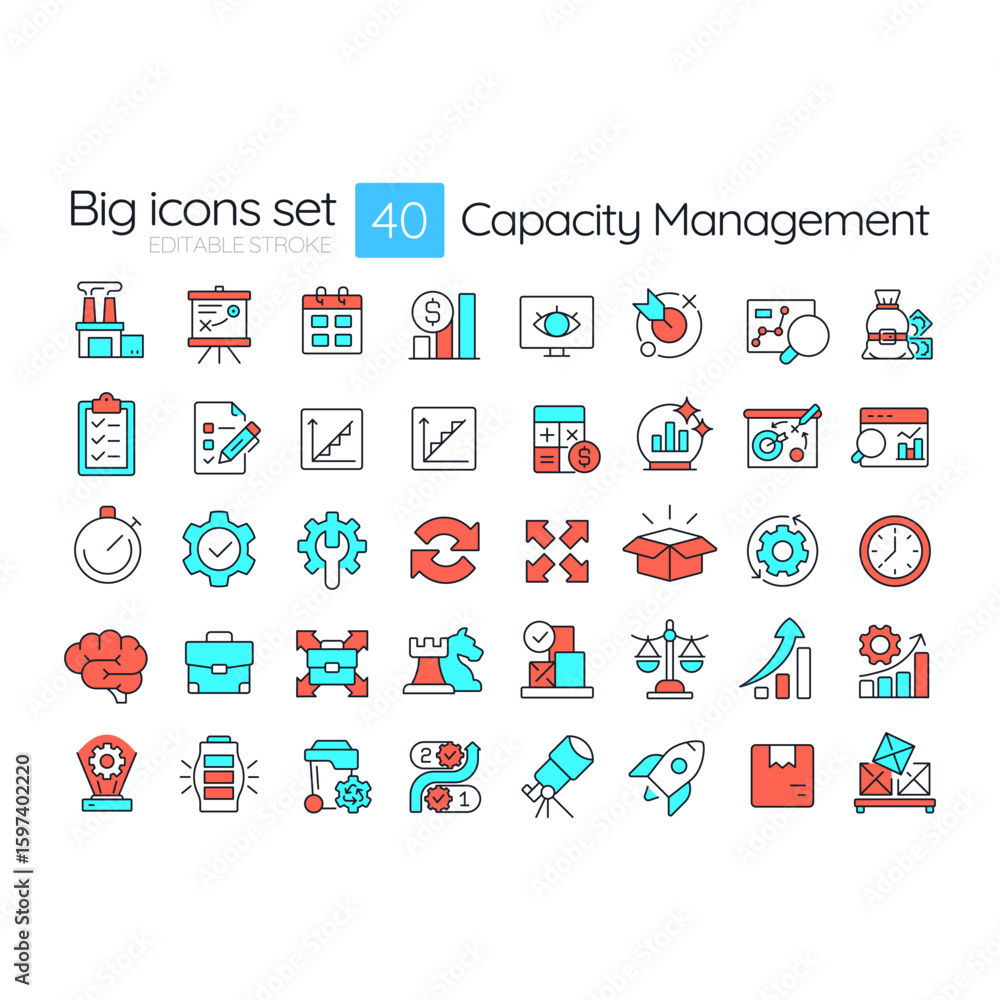 Poster capacity management line color icons set. organization resources control. efficiency strategy. busin