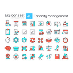 Capacity management line color icons set. Organization resources control. Efficiency strategy. Business planning. Vector illustrations. Simple flat colorful symbols collection. Editable stroke