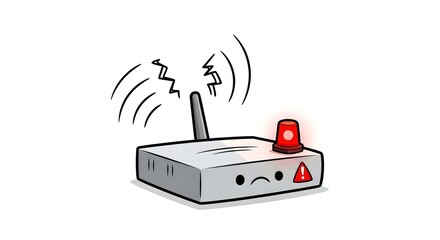 Sad broken wireless router with red alert light and antenna signals	